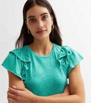 New Look Turquoise Fine Knit Double Frill Sleeve T-Shirt